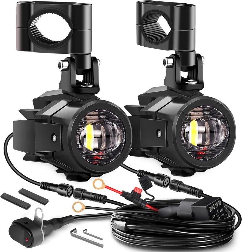 LEDMIRCY Motorcycle Auxiliary Lights, Exploradoras LED para Moto with Switch Wiring Harness Kit Motorcycle Fog Lights IP68 Waterproof Driving Spot Light with Mount Brackets for ATV UTV Snowmobile - Image 1